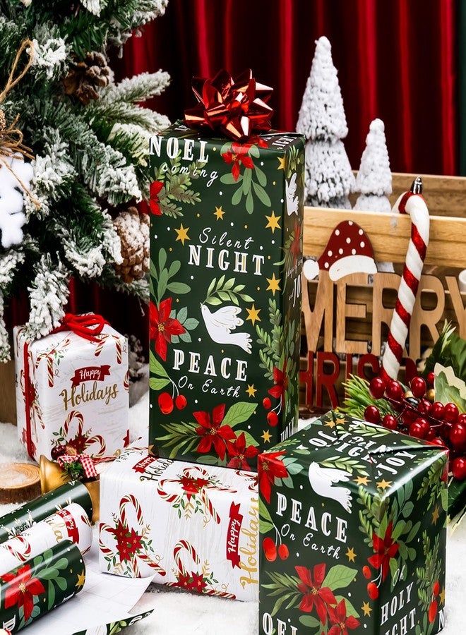 MAYPLUSS Green Christmas Wrapping Paper - 17In x 120In Per Roll - Elegant Gold Red Poinsettia, Vintage Snowflake, Peaceful Dove & Olive Branch in Flight Winter Gift Wrap for Christmas, Holiday, Party - Image 3